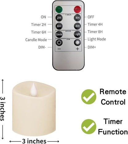 3x3 Flickering Flameless Candles Set of 1,3 inch Real Wax LED 600 Hours Battery Candles with Timer Remote,Control for Wedding Party Indoor,Ivory