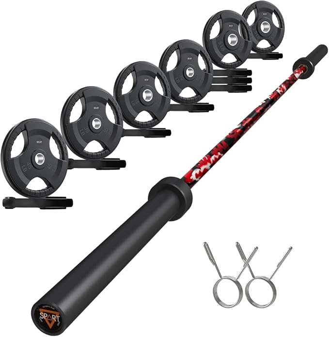 7FT Olympic Barbell Bar with Weight Plate Set Combo, Solid Olympic Bar with Bearings, 700Lbs Capacity Weight Bar for Home Gym Strength Training, Weightlifting, Powerlifting, Fit for 2" Olympic Plates
