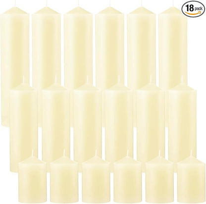 18 Pcs Ivory Pillar Candles Bulk Set，Hurricane Candlesï¼? Different Lengths (6 Each)，Dripless Unscented Smokeless，Gives You a Better Atmosphere When Organizing Wedding or Event Party.