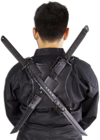 Sword Back Holster Complete with Balaclava. Black Leather Carrying Case, Ninja Hero Sheath-Weapons Holder for Anime or Halloween Costumes and Medieval Warrior Cosplay - Soport para espadas Ninja