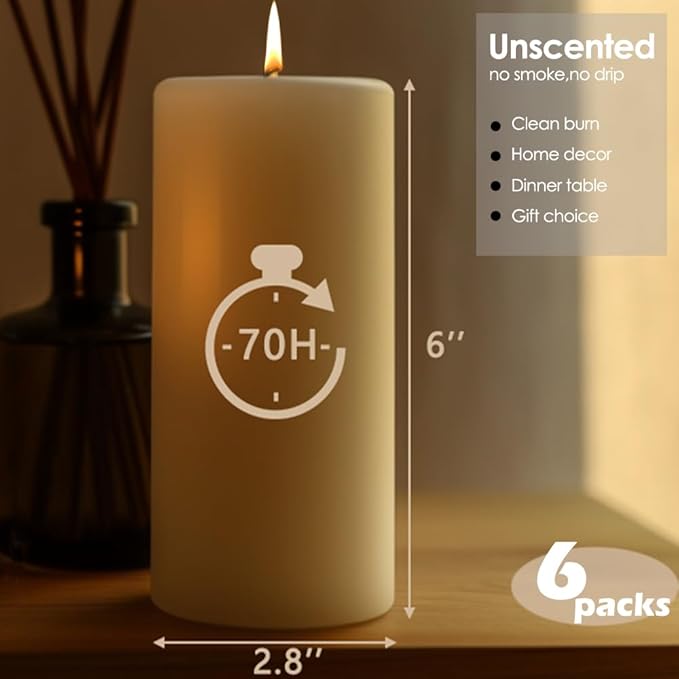 2.8x6 Pillar Candles Set of 6, Unscented Ivory Pillar Candles Bulk, Dripless and Long Clean Burning Pillars Candles, Smokeless Dinner Table Pillar Candles for Wedding, Spa, Aromatherapy, Party