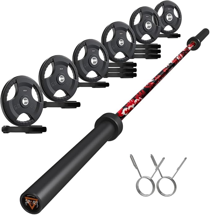 7FT Olympic Barbell Bar with Weight Plate Set Combo, Solid Olympic Bar with Bearings, 700Lbs Capacity Weight Bar for Home Gym Strength Training, Weightlifting, Powerlifting, Fit for 2" Olympic Plates