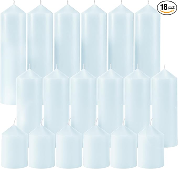 18 Pcs Blue Pillar Candles Bulk Set，Hurricane Candlesï¼? Different Lengths (6 Each)，Dripless Unscented Smokeless，Gives You a Better Atmosphere When Organizing Wedding or Event Party.