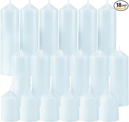 18 Pcs Blue Pillar Candles Bulk Set，Hurricane Candlesï¼? Different Lengths (6 Each)，Dripless Unscented Smokeless，Gives You a Better Atmosphere When Organizing Wedding or Event Party.