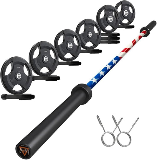 7FT Olympic Barbell Bar with Weight Plate Set Combo, Solid Olympic Bar with Bearings, 700Lbs Capacity Weight Bar for Home Gym Strength Training, Weightlifting, Powerlifting, Fit for 2" Olympic Plates