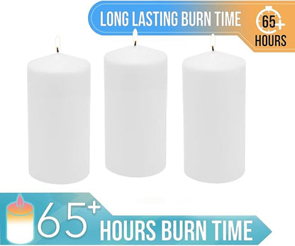 Stonebriar 3 Pack Tall 3 x 6 Inch 65 Hour Long Burning Unscented White Wax Pillar Candles