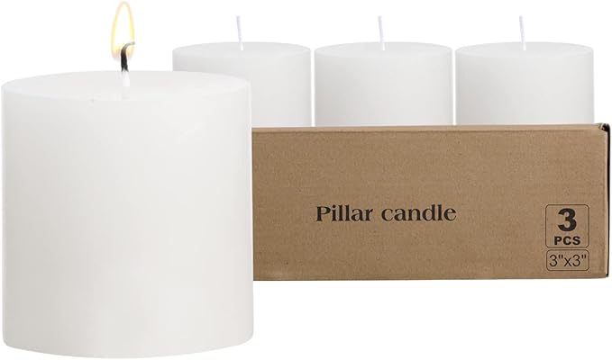 3×3 White Pillar Candles Set of 3 Unscented Handpoured Weddings, Home Decoration, Restaurants, Spa, Church Smokeless Cotton Wick 90 Hour
