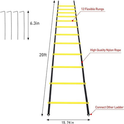 Pro Speed & Agility Training Set—Includes 12 Rung 20ft Adjustable Agility Ladder with Carrying Bag, 12 Disc Cones, 4 Steel Stakes, 1 Resistance Parachute, Use Equipment to Improve Footwork Any Sport