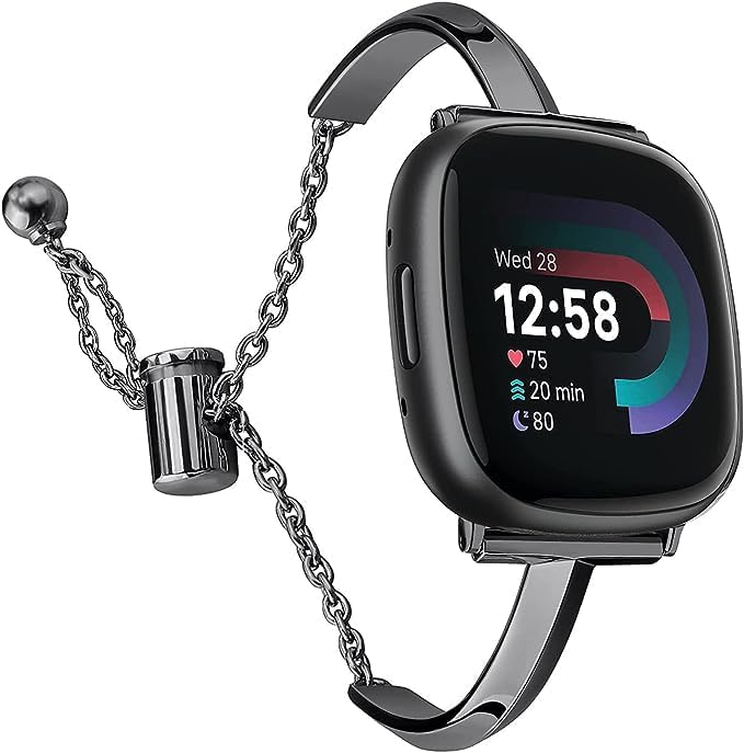 Silm Band Compatible with Fitbit Versa 4/Fitbit Sense 2 Band Cute Women, Bling Jewelry Metal Strap Replacement Compatible for Fitbit Sense/Versa 3 Women (Black)