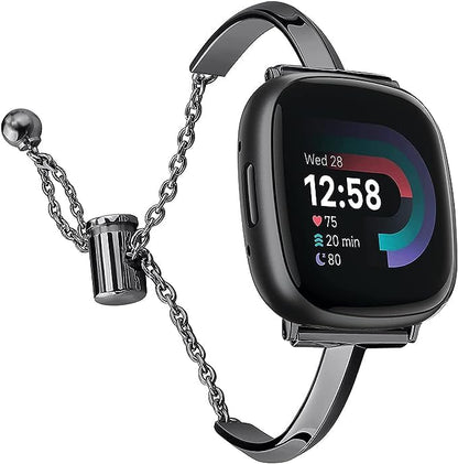 Silm Band Compatible with Fitbit Versa 4/Fitbit Sense 2 Band Cute Women, Bling Jewelry Metal Strap Replacement Compatible for Fitbit Sense/Versa 3 Women (Black)