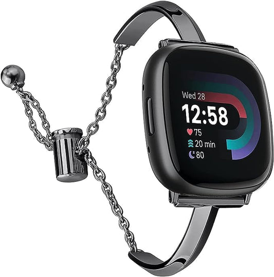 Silm Band Compatible with Fitbit Versa 4/Fitbit Sense 2 Band Cute Women, Bling Jewelry Metal Strap Replacement Compatible for Fitbit Sense/Versa 3 Women (Black)