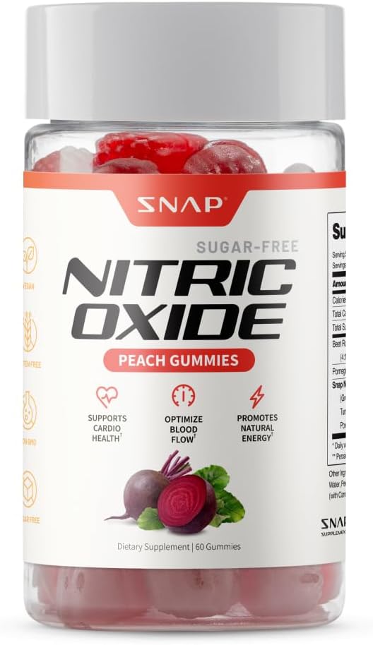 Snap Supplements Beet Root Gummies, Nitric Oxide Supplement with Organic Beets, Vitamins, Pomegranate and Antioxidants for Energy, Circulation Support, 60 Sugar Free Gummies, Peach