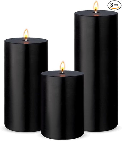 3 Packs Unscented Different Size Black Pillar Candles, Dripless Non-Toxic Smokeless 3x4, 3x6, 3x8 Inch Cylinder Candles for Halloween Wedding, Dinner Table, Party, Power Outage, Emergency