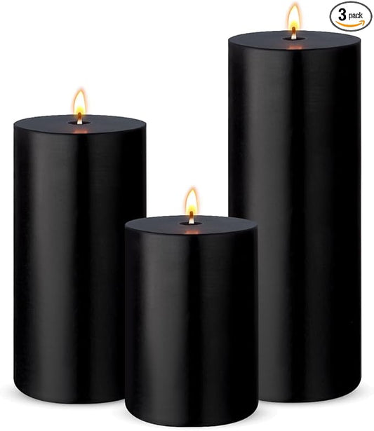 3 Packs Unscented Different Size Black Pillar Candles, Dripless Non-Toxic Smokeless 3x4, 3x6, 3x8 Inch Cylinder Candles for Halloween Wedding, Dinner Table, Party, Power Outage, Emergency