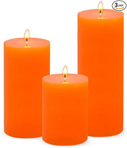 3 Packs Unscented Different Size Orange Pillar Candles, Dripless Non-Toxic 3x4, 3x6, 3x8 Inch Fall Colored Cylinder Candles for Thanksgiving, Wedding Party, Dinner Table, Power Outage, Emergency