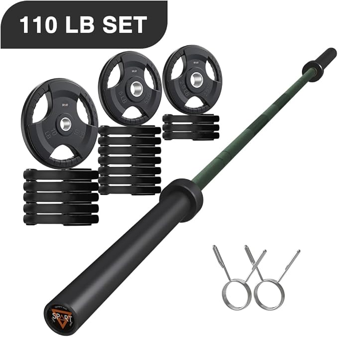 7FT Olympic Barbell Bar with Weight Plate Set Combo, Solid Olympic Bar with Bearings, 700Lbs Capacity Weight Bar for Home Gym Strength Training, Weightlifting, Powerlifting, Fit for 2" Olympic Plates