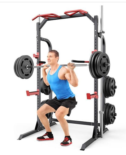 SunHome Power Cage Squat Rack, Multi-Functional Power Rack with J-Hooks, Dip Handles, Weight Plate
