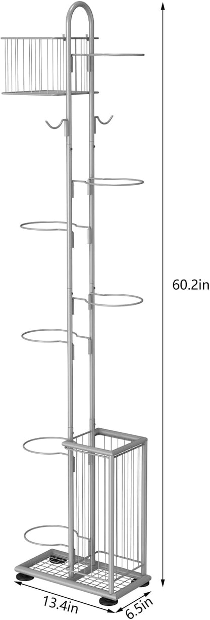 7 Tier Ball Storage Rack, Basketball Holder, Garage Sports Equipment Organizer with Basket & Hooks, Basketball Rack for Indoor/Outdoor, Ball Rack for Basketballs Footballs Volleyball, Silver