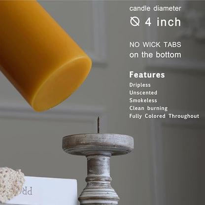MOZEAL 4" x 10" Extra-Large Spicy Mustard Pillar Candles (Set of 2), Unscented, Dripless, Smokeless, Long Clean-Burning,Tall 10 inch Large Spicy Mustard Pillar Candles Perfect for Autumn Events Decor