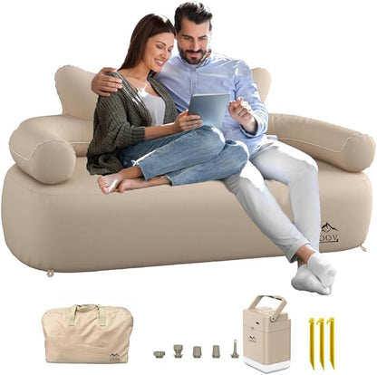 LUOOV Air Mattress Sofa Bed with Portable Air Pump,Folding Inflatable Sofa Camping Chair Couch Waterproof Outdoor Air Sofa Support 660 lbs for Camping Travel (Khaki Loveseat), Small Double