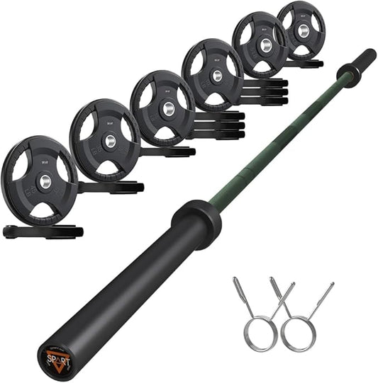 7FT Olympic Barbell Bar with Weight Plate Set Combo, Solid Olympic Bar with Bearings, 700Lbs Capacity Weight Bar for Home Gym Strength Training, Weightlifting, Powerlifting, Fit for 2" Olympic Plates