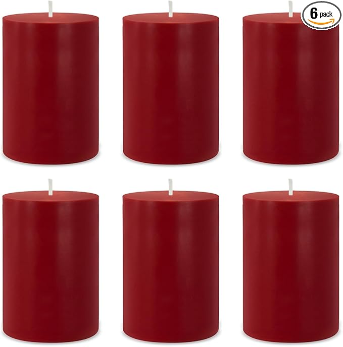 6 Packs 2.75x3.25 Inch Red Colored Pillar Candles, Unscented Dripless Non-Toxic Clean Burning Burgundy Cylinder Candles for Home Dinner Table Emergency Power Outage