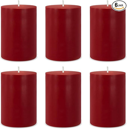 6 Packs 2.75x3.25 Inch Red Colored Pillar Candles, Unscented Dripless Non-Toxic Clean Burning Burgundy Cylinder Candles for Home Dinner Table Emergency Power Outage