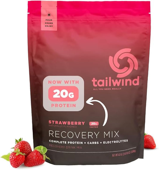 Tailwind Nutrition Recovery Mix, 20 Grams Complete Protein, Carbohydrates, and Electrolytes Powder Drink Mix for Post-Workout, Free of Gluten, Soy, and Dairy, Vegan, 20 Servings, Strawberry