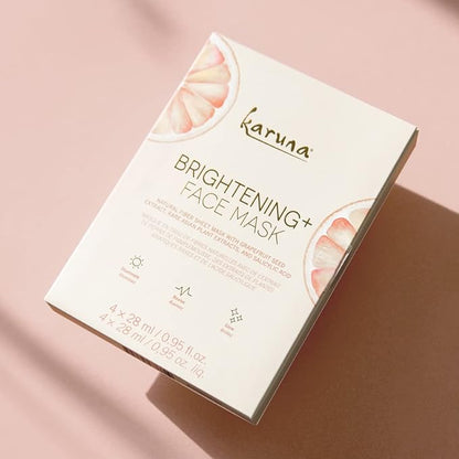 Karuna Brightening+ Sheet Masks for Radiant Skin, Hydrating Face Mask Skin Care Essential, Face Mask with Grapefruit Seed & Rare Asian Plant Extracts Plus Salicylic Acid, 4 Sheets per Pack