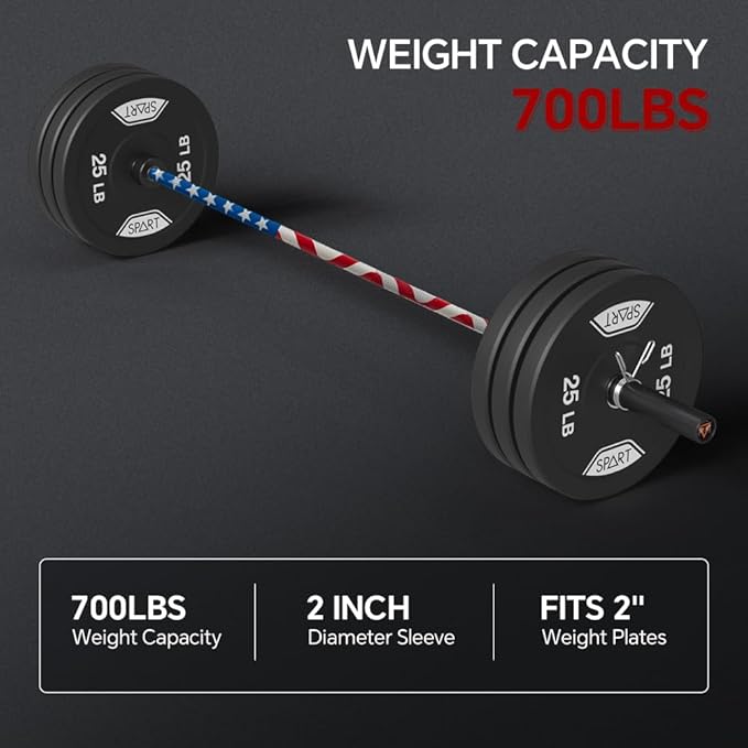 7FT Olympic Barbell Bar with Weight Plate Set Combo, Solid Olympic Bar with Bearings, 700Lbs Capacity Weight Bar for Home Gym Strength Training, Weightlifting, Powerlifting, Fit for 2" Olympic Plates
