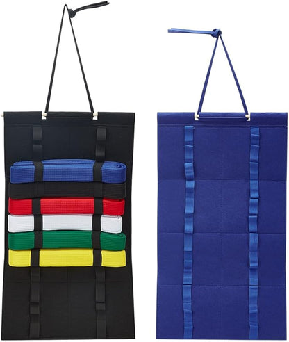 PLIGREAT 2 Pack Karate Belt Display Rack, 12 Belts Taekwondo Belts Display Felt Martial Arts Belt Organizer with Wood Frame for Martial Art Learners, Black & Blue