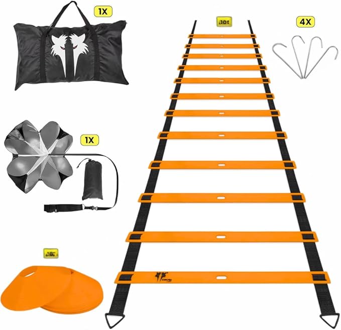 20ft Sports Agility Ladder for Men Women and Kids, Speed Youth Soccer Agility Training Equipment for Football, Exercise, Tennis, Legs Workout with Speed Parachute, Cones and Carry Bag