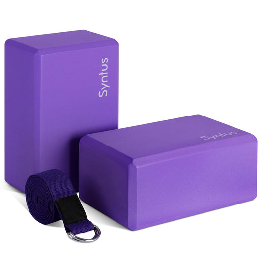 Syntus Yoga Block and Strap Set, 2 EVA Foam Soft Non-Slip Blocks 9×6×4 inches, 8FT Metal D-Ring