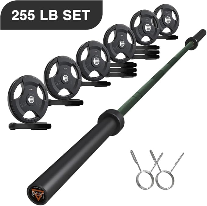 7FT Olympic Barbell Bar with Weight Plate Set Combo, Solid Olympic Bar with Bearings, 700Lbs Capacity Weight Bar for Home Gym Strength Training, Weightlifting, Powerlifting, Fit for 2" Olympic Plates