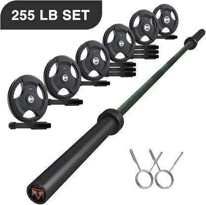 7FT Olympic Barbell Bar with Weight Plate Set Combo, Solid Olympic Bar with Bearings, 700Lbs Capacity Weight Bar for Home Gym Strength Training, Weightlifting, Powerlifting, Fit for 2" Olympic Plates