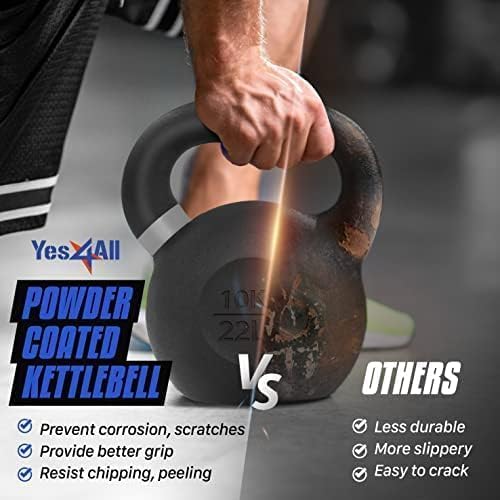 Yes4All Kettlebell, Heavy Duty Powder Coated Cast Iron Kettlebells, Non-Slip Handle & Flat Bottom for Conditioning, Strength Training & Full Body Exercises at Home Gym - Single & Pair