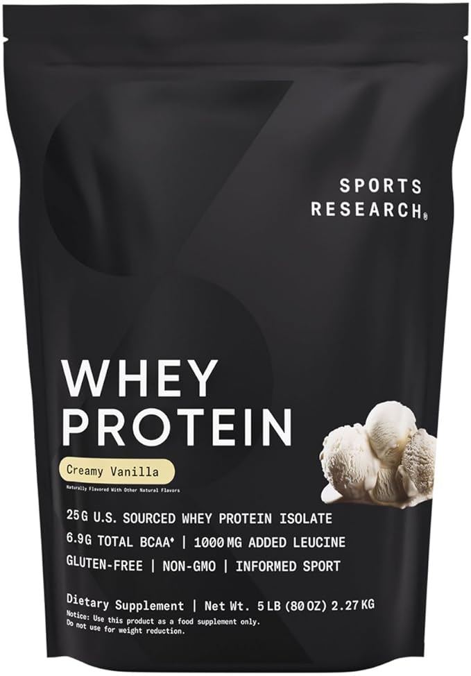 Sports Research Whey Protein - Sports Nutrition Whey Isolate Protein Powder for Lean Muscle Building & Workout Recovery - 5 lb Bag Bulk Protein Powder - Creamy Vanilla, 63 Servings