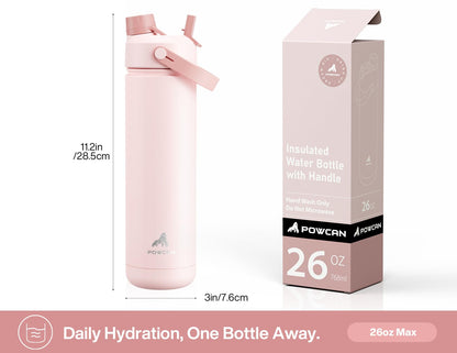 POWCAN 26 oz Insulated Water Bottle with 2-in-1 Straw and Spout Lid, Keep Cold 24H, Leak-Proof