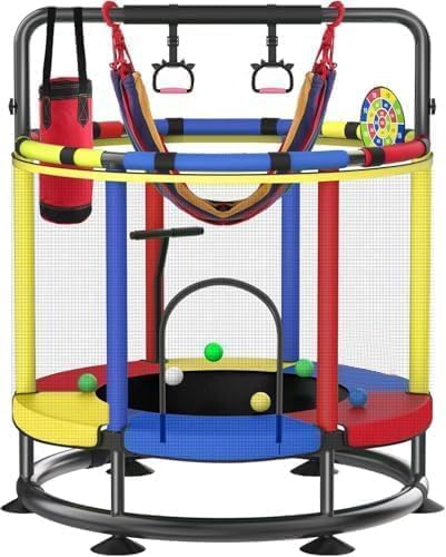 Trampoline for Kids, Full Anti-Rust 440lbs Anti-Rollover Round Bottom Toddler Trampoline, T-handrail Adjustable Baby Toddler Trampolines Dart Board