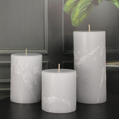 Simply Soson Grey Rustic Texture Pillar Candles 3x3 inch - Set of 3 - Unscented Decorative Grey Candles, No Drip, Ideal for Home Decor, Weddings, Holidays