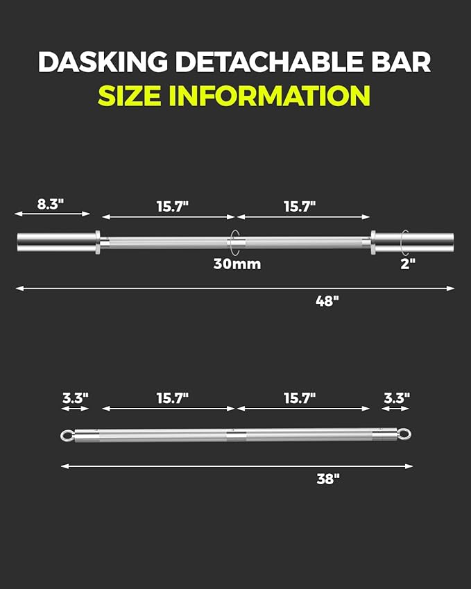 DASKING 4ft/4.9ft Barbell, 2-Inch Olympic Detachable Bar, Portable Strength Training Bar for Weightlifting, Squat, Bench Press, Home Gym, 450LBS, Includes Silent Collars