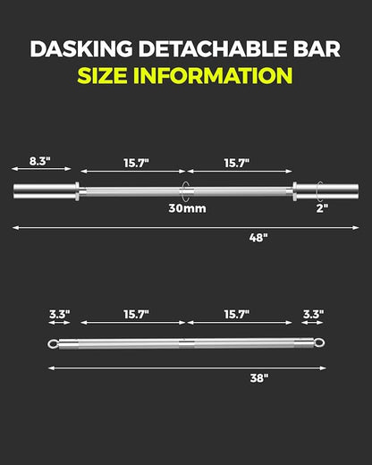 DASKING 4ft/4.9ft Barbell, 2-Inch Olympic Detachable Bar, Portable Strength Training Bar for Weightlifting, Squat, Bench Press, Home Gym, 450LBS, Includes Silent Collars