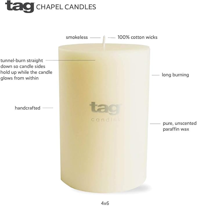 tag Chapel 4X6 Ivory Pillar Paraffin Wax Candle Unscented Drip-Free Long Burning 130 Hours for Home Decor Wedding Parties 4x6 Ivory