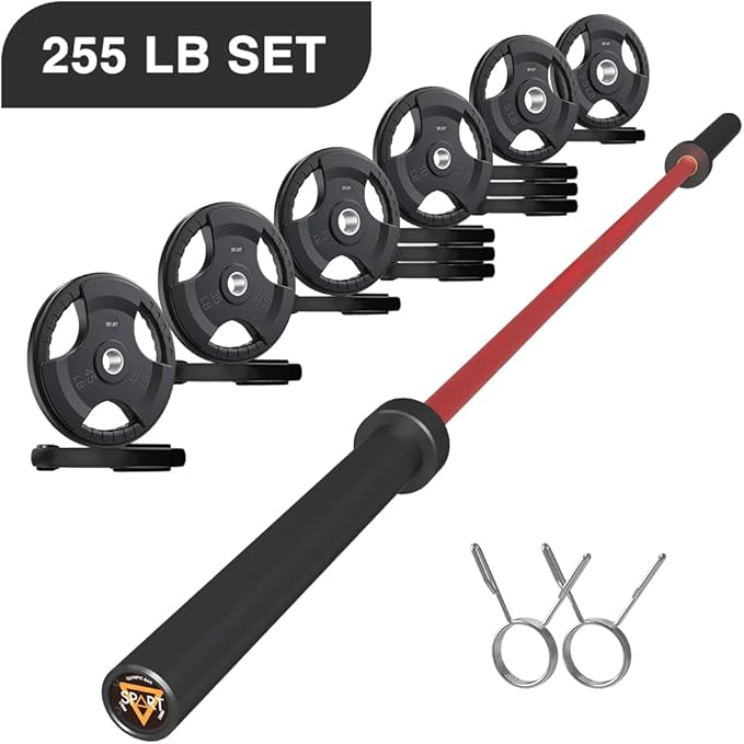 7FT Olympic Barbell Bar with Weight Plate Set Combo, Solid Olympic Bar with Bearings, 700Lbs Capacity Weight Bar for Home Gym Strength Training, Weightlifting, Powerlifting, Fit for 2" Olympic Plates
