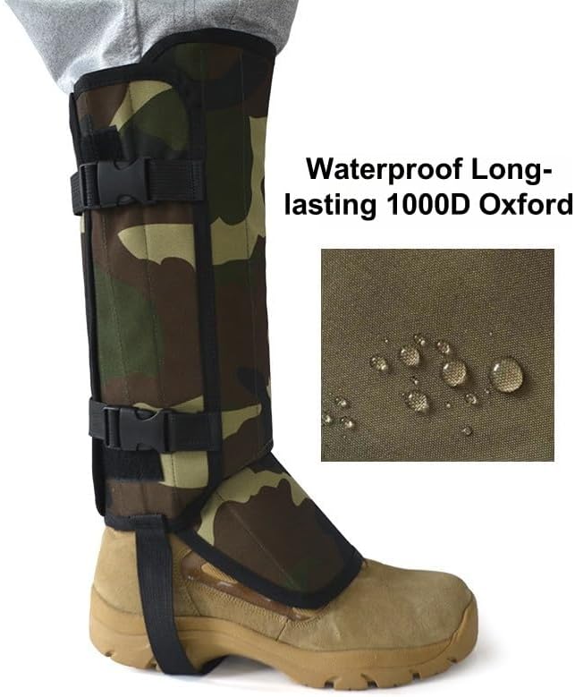 Snake Proof Leg Gaiters, Waterproof 1000D Oxford, Military Green Camo, Adjustable Buckle Design