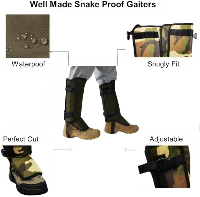 Snake Proof Leg Gaiters, Waterproof 1000D Oxford, Military Green Camo, Adjustable Buckle Design