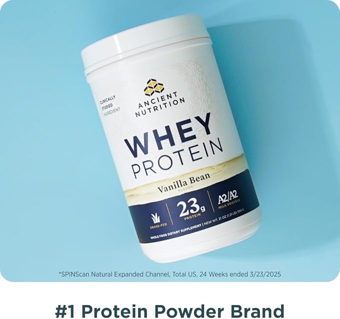 Ancient Nutrition Grass Fed Whey Protein, Chocolate Peanut Butter, 23g Protein, 18 Servings, Hydrolyzed Collagen Peptides, Organic Regenerative A2/A2 Milk Protein