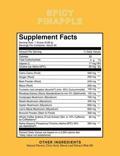 Roots Focus Nootropic Brain Supplement - Spicy Pineapple, Blend of Lion's Mane, Cordyceps, & Reishi Functional Mushrooms + Extended-Release Caffeine, 50 Servings