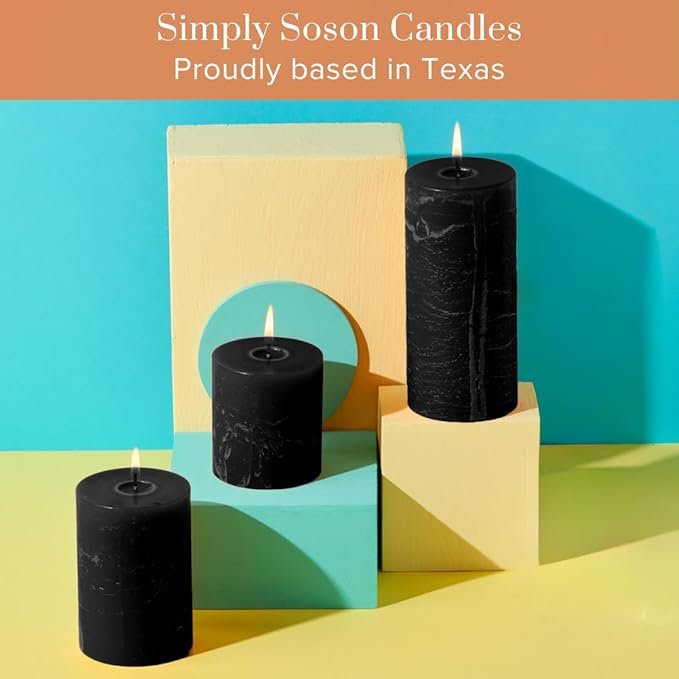 Simply Soson 3x3 inch Black Pillar Candles Set of 3, Rustic Texture, Unscented Black Candles, Dripless Candles, 3 inch Pillar Candles Ideal as Wedding, Parties, Spas, Dinner, Home Decoration, Church