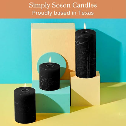 Simply Soson 3x3 inch Black Pillar Candles Set of 3, Rustic Texture, Unscented Black Candles, Dripless Candles, 3 inch Pillar Candles Ideal as Wedding, Parties, Spas, Dinner, Home Decoration, Church